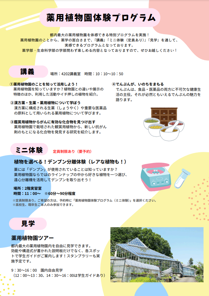 薬用植物園体験プログラム 都内最大の薬用植物園を体感できる特別プログラムを実施！薬用植物園のことから、薬学の面白さまで、「講義」「ミニ体験（定員あり）」「見学」を通して、実感できるプログラムとなっております。薬学部・生命科学部の学部問わず楽しめる内容となっておりますので、ぜひお越しください！ 講義 場所：4202講義室 時間：10：10～10：50 ①薬用植物園のことを知って活用しよう！ 薬用植物園を知っていますか？植物園との違いや展示の特徴のほか、利用した活動やイチ押しの植物を紹介。②漢方薬・生薬・薬用植物について学ぼう 漢方薬に構成される生薬（しょうやく）や重要な医薬品の原料として用いられる薬用植物について学びます。 ③鑑賞用植物からがんに有効な化合物を見つけ出す 薬用植物園で栽培された観賞用植物から、新しい抗がん剤のもとになる化合物を発見する研究を紹介します。 ④でんぷんが、いのちをまもる でんぷんは、食品・医薬品の両方に不可欠な健康生活の主役。それが必然ともいえるでんぷんの魅力を語ります。 ミニ体験 定員制限あり（要予約） 植物を選べる！デンプン分離体験（レアな植物も！） 薬には「デンプン」が使用されていることは知っていますか？薬用植物園ならではのラインナップの中から好きな植物を一つ選び、遠心分離機を活用してデンプンを取り出そう！ 場所：2階実習室 時間：11：00～ ※60分～90分程度 ※定員制限あり。ご希望の方は、予約時に「薬用植物園体験プログラム（ミニ体験）」を選択ください。※高校生、既卒生ご本人のみ参加できます。 見学 薬用植物園ツアー 都内最大の薬用植物園内を自由に見学できます。効能や構造式が書かれた説明板だけでなく、各スポットで学生ガイドがご案内します！スタンプラリーも実施予定です。 9：30～16：00 園内自由見学（12：00～13：30、14：30～16：00は学生ガイドあり）