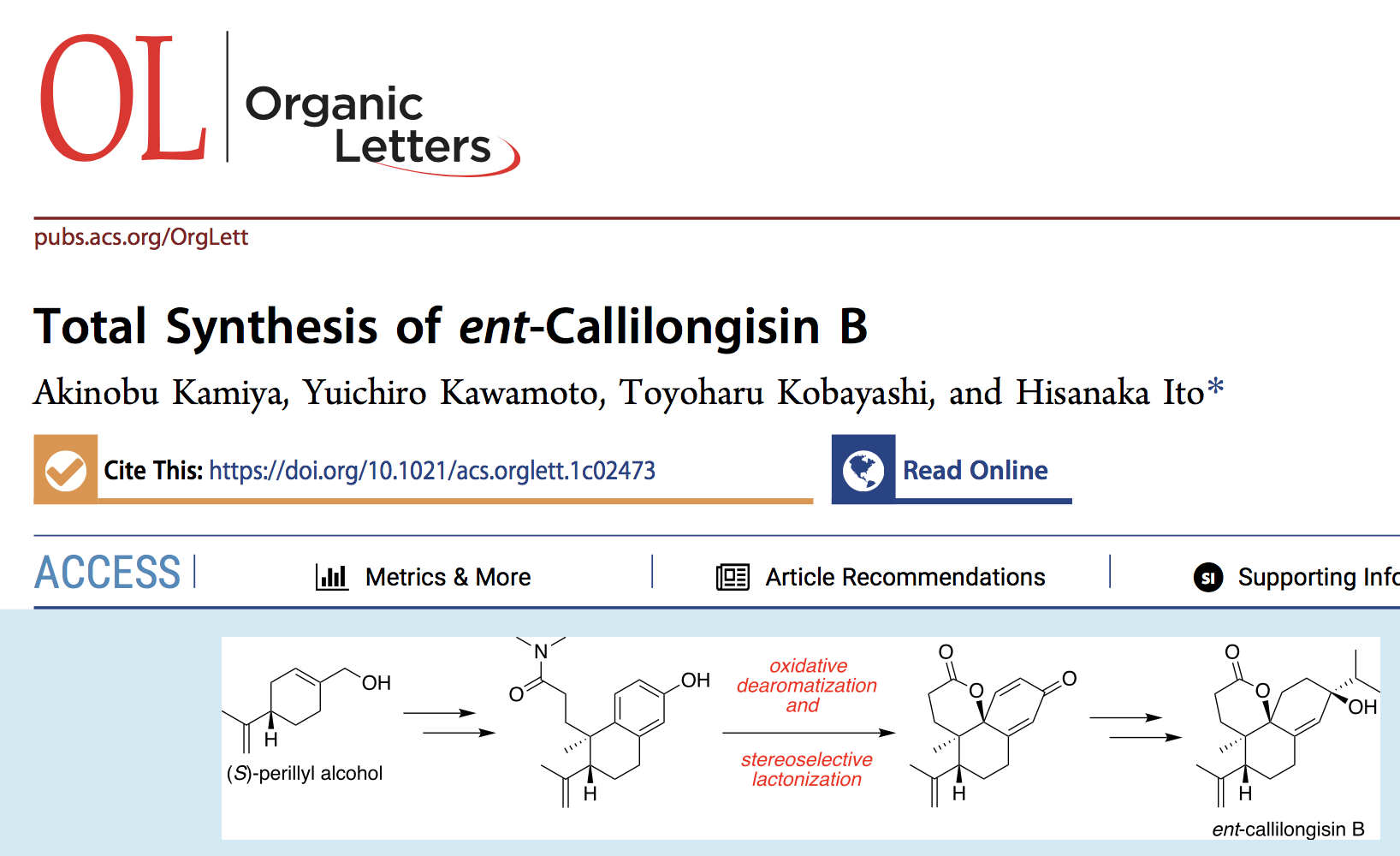 生物有機化学研究室博士課程３年、神谷昭寛さんの論文がアメリカ化学会の雑誌 Organic Letters に掲載されました。